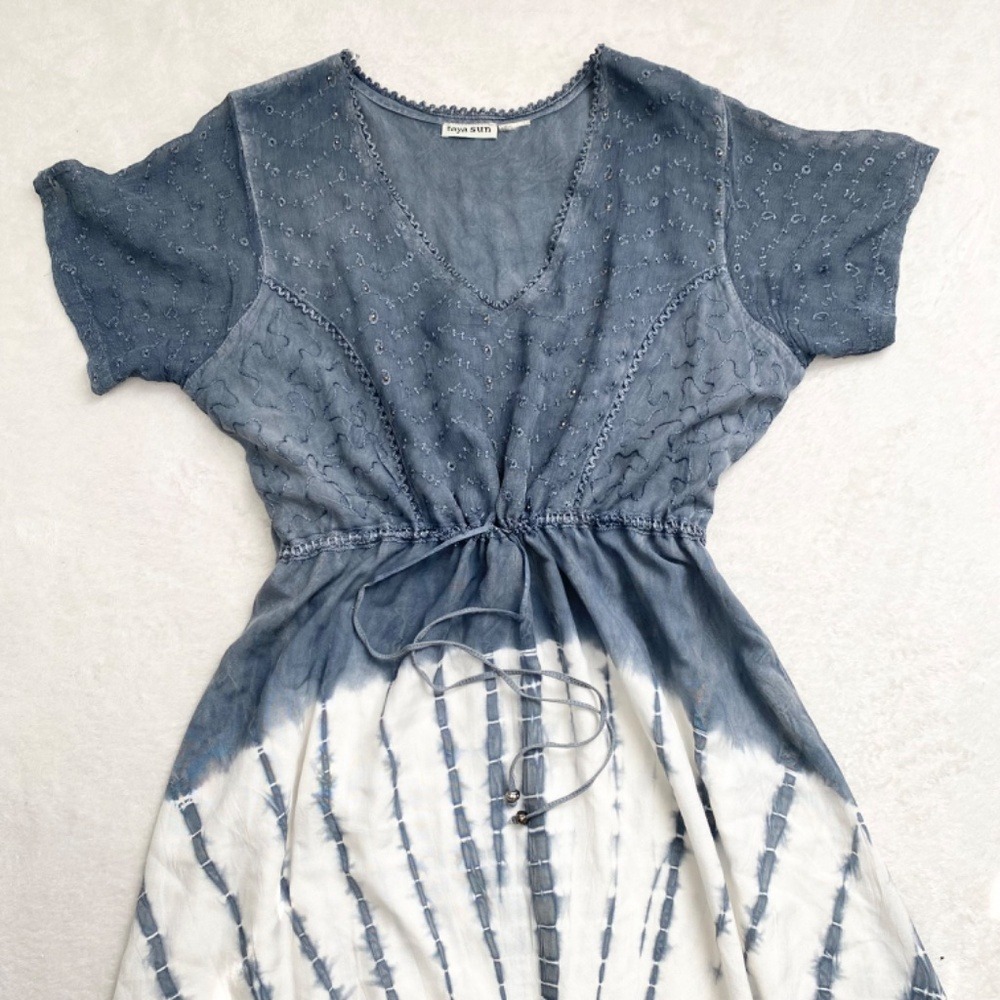 Raya Sun Tie Dye Embroidered Boho V-Neck Dress S‎ Blue White